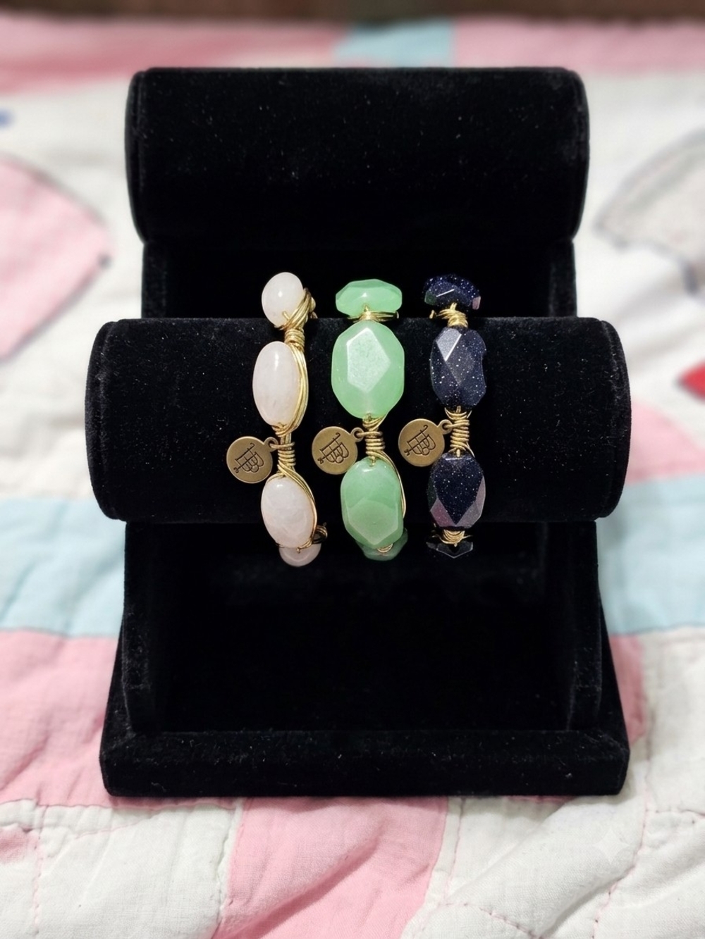 Bourbon & Boweties Set of 3 Wire Wrapped Bangle Bracelets Stack Multi Stone